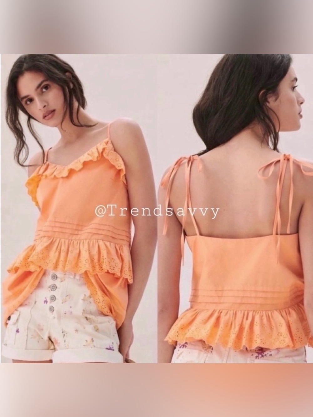 Anthropologie Mare Mare Josephine Orange Eyelet Ruffle Tie Strap Tank Top Medium